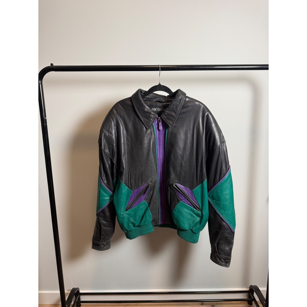 Vintage Marc Buchanan Pelle Pelle Leather Jacket Black Teal Purple Mens XL
